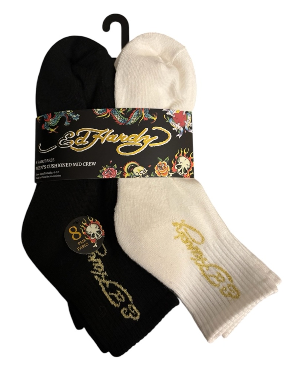 Ed Hardy Black & White Mid Crew Socks 8 Pack NWT